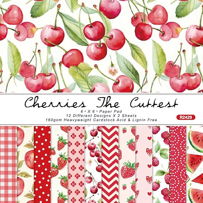 6x6 Berries & Blossoms Scrapbook Paper Pad | 24 Sheets (12 Designs) 160gsm Acid Free Cardstock | Strawberry, Cherry, Raspberry & Watermelon Patterns for Summer Crafts & Card Making