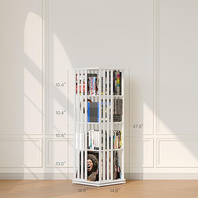 XIMN 360° Rotating Bamboo CD/DVD Shelf - 6-Tier Space-Saving Media Storage Cabinet for Movies, Organizer with Super Compact Design (White, 4 Tier)