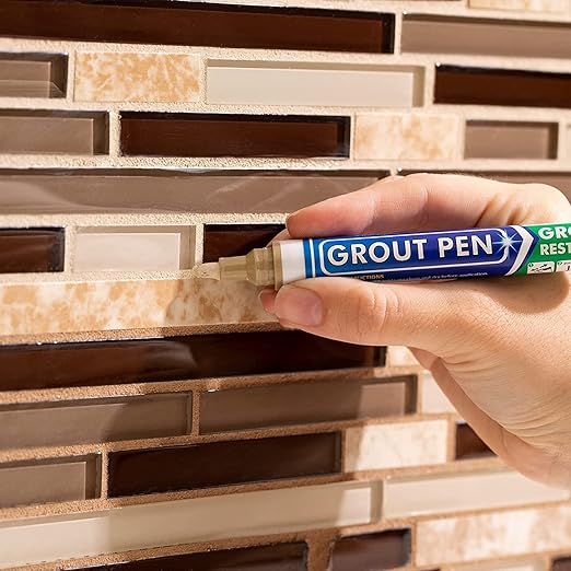 Grout Pen Beige Tile Paint Marker: Waterproof Grout Paint, Tile Grout Colorant and Sealer Pen - Beige, Narrow 5mm Tip (7mL)
