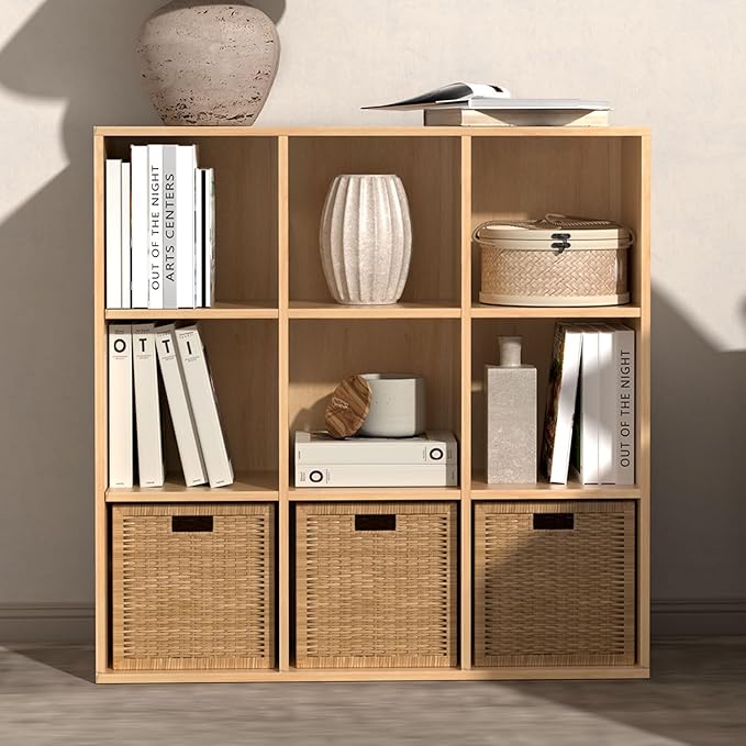 Wooden 9 Cube Storage Organizer with Closed Back Panel, Cube Shelf Heavy Duty Cubby Storage Organizer with Compartments for Living,Display Shelf,Bookshelf,Storage Furniture (Oak, 9-Cube)