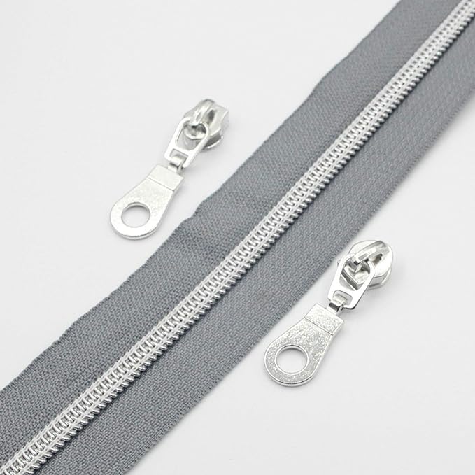 Leekayer #5 Metallic Silver Nylon Coil Zippers by The Yard Bulk 10 Yards Grey Tape with 25pcs Silver Sliders for DIY Sewing Tailor Craft Bag(Grey)