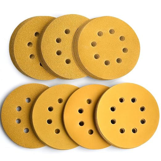 5-Inch 8-Hole Hook and Loop Sanding Discs, 60/80/120/150/220/320/400 Assorted Grits Gold Sanding Disc for Random Orbital Sander, 105-Pack