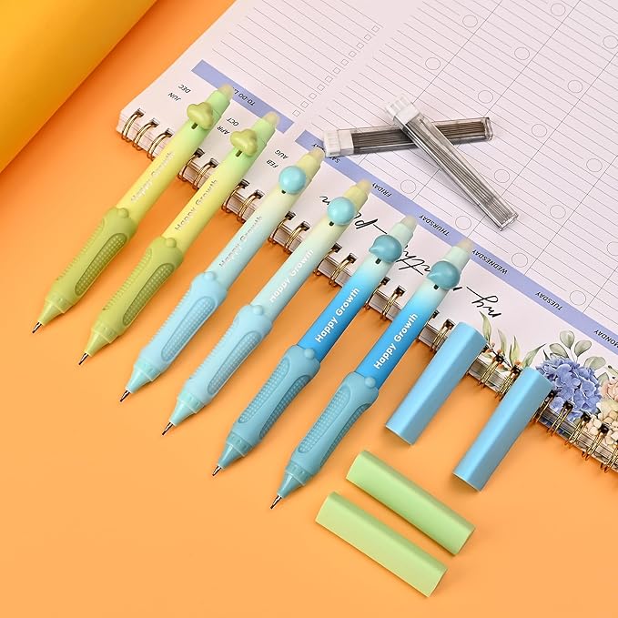 Temiary Cute Mechanical Pencil Set with Case, 6 Pcs Medium Point 0.9 mm Pencils with 2 Tubes HB Lead Refills, 4 Pcs Erasers for School Supplies Student Writing, Drafting Drawing Sketching (Morandi)