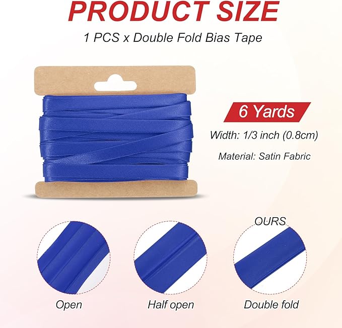 MECCANIXITY Double Fold Bias Tape for Sewing 1/3 Inch x 6 Yards Satin Pre-fold Continuous Binding Tape for Seaming Quilting Hemming Binding DIY Crafts, Sapphire Blue