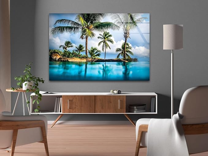 My Photostation.com Round 31,5'' Island & Blue Sea Glass Wall ArtTempered Glass Printing Wall Decor Large Wall Art Wall Hangings