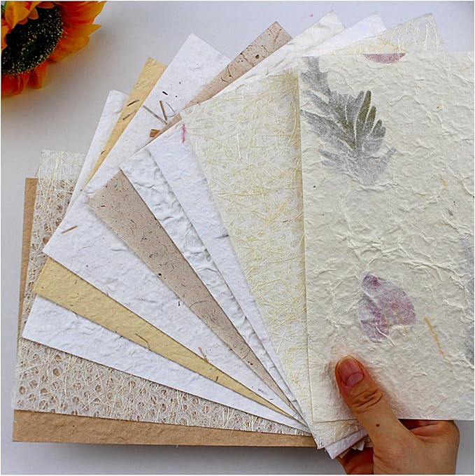 Textured Handmade Paper Sheets for Crafts, A5 Thick Rough Mulberry Recycled Scrapbook Papers for Card Making, Mixed Media, Embossed, DIY Junk Journals, Art Journaling Decorative Materials