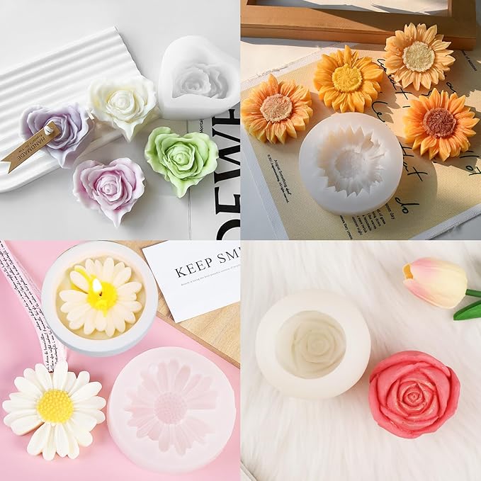 9 PCS Flower Candle Molds Rose Tulip Silicone Candle Mold Flower Shapes Moldes De Rosas Silicona para Velas for Soy Wax, Beeswax, Candle Making, Resin Craft