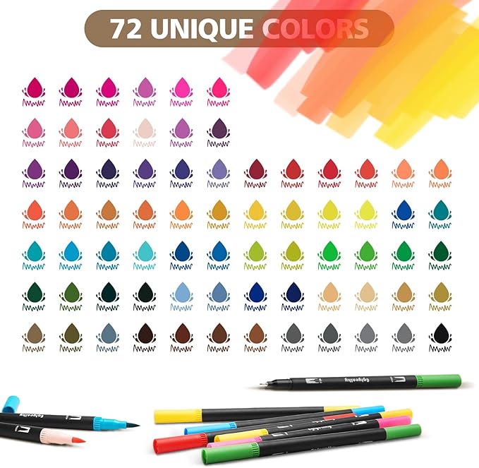 72 Dual Tip Brush Pens, Adult Coloring Markers with Fine and Brush Tip for Kid Adult Artist Drawing Journaling Lettering Calligraphy
