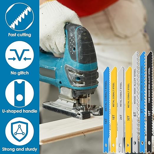 54Pcs Jig Saw Blade Set High Carbon Steel Assorted Saw Blades with U-Shank Sharp Fast Cut Down Jigsaw Blade Woodworking Tool for Wood Metal Plastic Cutting