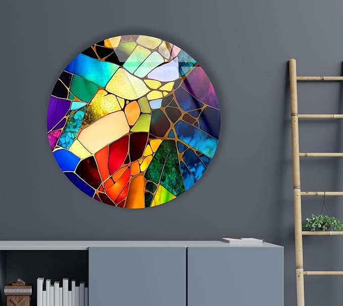 My Photostation.com 31.5''(80cm) Diameter Multicolor Round Stained Glass Wall Art Vibrant Mosaic Abstract Panel Tempered Glass Printing Wall Decor Large Wall Art Wall Hangings
