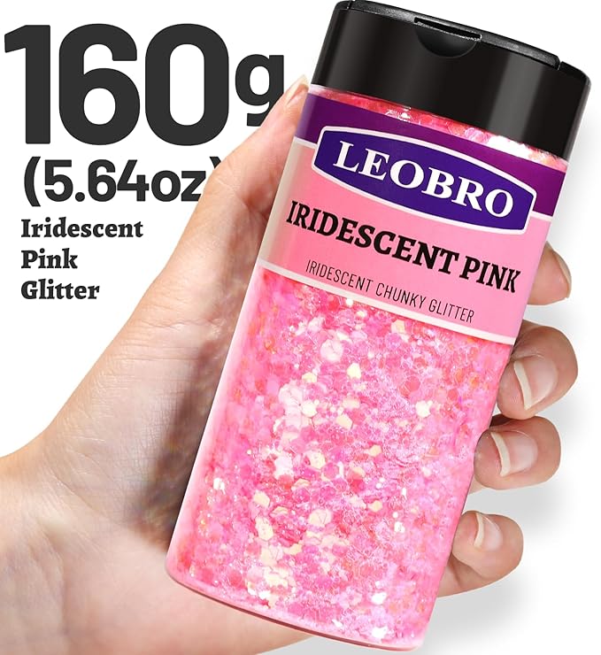 LEOBRO Pink Glitter, 160g/5.64oz Pink Chunky Glitter for Crafts, Resin, Body Nail, DIY Decorations, Iridescent Pink