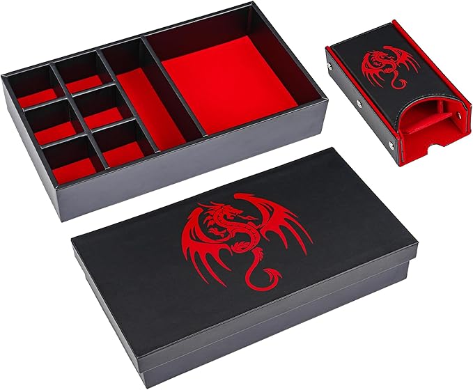 4 in 1 D&D Storage Dice Box Portable Rolling Tray and Dice Tower, Leather DND Holder Case for Role Playing Games Table Games - Red