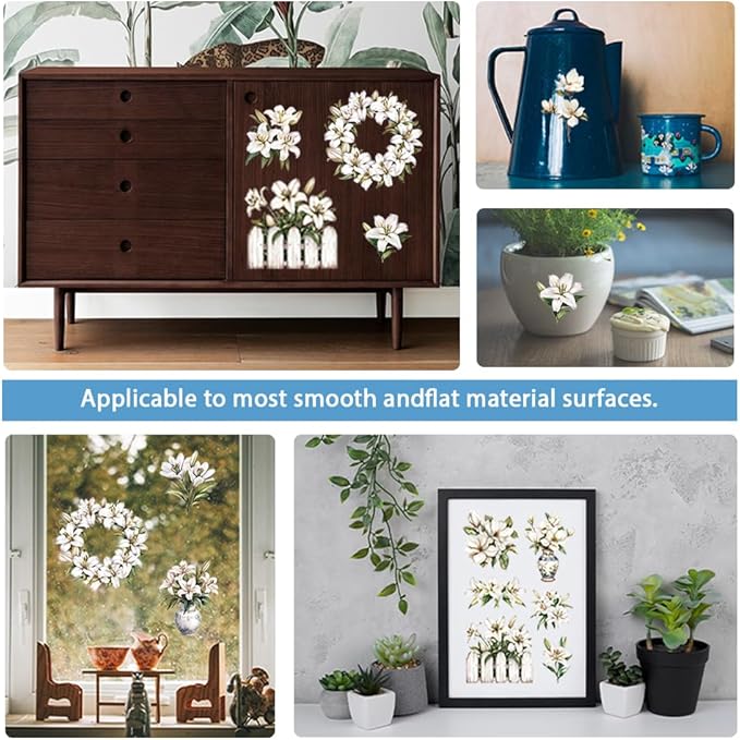 GLOBLELAND 4 Sheets Vintage Peony Flowers Transfer 11.8x5.9inch Flower Background Rub on Transfer Rose Self-Adhesive Wall Art Decals for Bedroom Living Room Desk Table Decoration