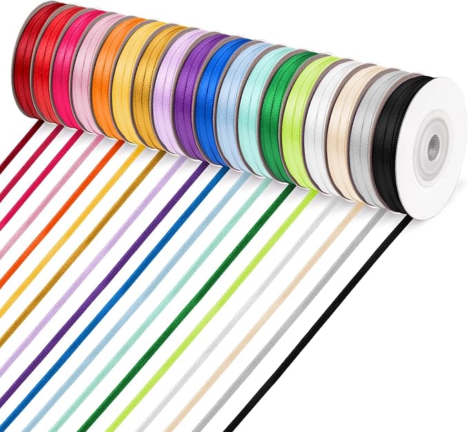 ABSOFINE 18 Colors Double Faced Satin Ribbon Polyester,1/8 inch Solid Fabric Ribbon Roll for Gift Wrapping, DIY Crafts, Wedding Birthday Party Decorations