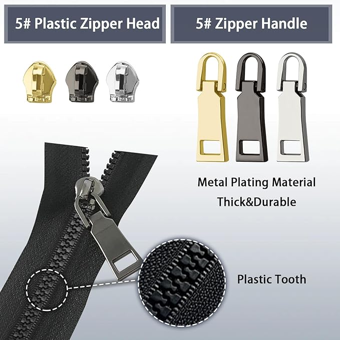 VICHERIA Zipper Repair Kit (45 Pcs), Universal Size #5 Zippers for Sewing, Replacement Slider Pull Fix Kit for Jackets, Coat, Boot, Backpack, Purse