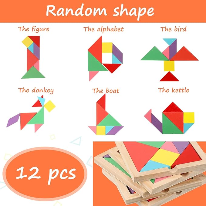 Meooeck 12 Pack Tangrams Wooden Puzzles Tangrams Classroom Set for Kids Shape Puzzles Brain Logic Blocks for Games Educational Gifts for Adults Kids Ages 4-8 8-12(Notch Style)