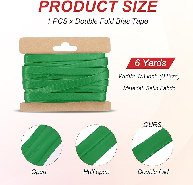 MECCANIXITY Double Fold Bias Tape for Sewing 1/3 Inch x 6 Yards Satin Pre-fold Continuous Binding Tape for Seaming Quilting Hemming Binding DIY Crafts, Dark Green