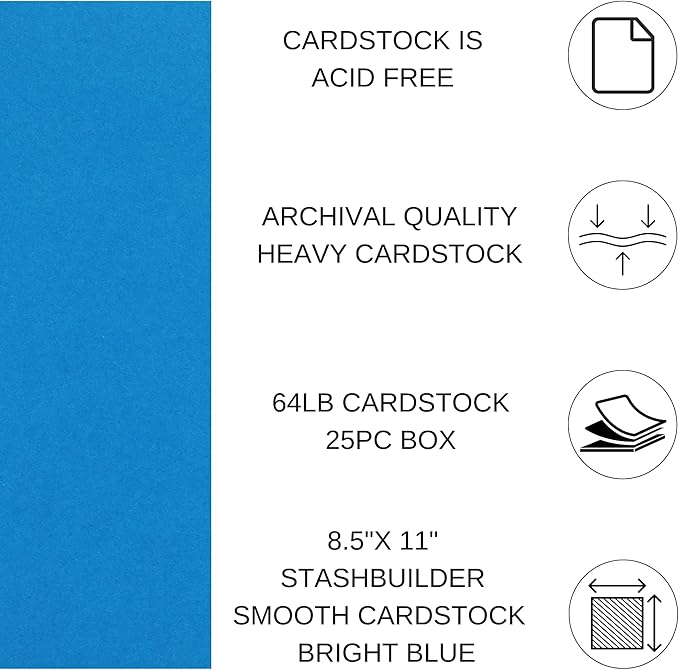 PA Paper Accents Stash Builder Cardstock 8.5" x 11" Bright Blue, 65lb Colored cardstock Paper for Card Making, Scrapbooking, Printing, Quilling and Crafts, 25 Piece Pack