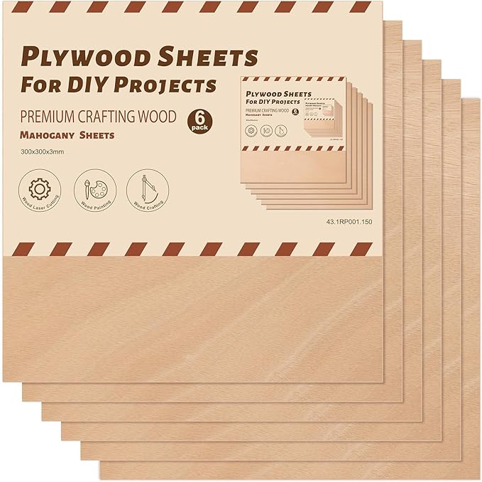 ROBOTIME 6-Pack Laser Wood Sheets 1/8" - 12 x 12 x 1/8 Inch - Mahogany - 3mm Plywood for Laser Cutting, Laser Engraving Blanks