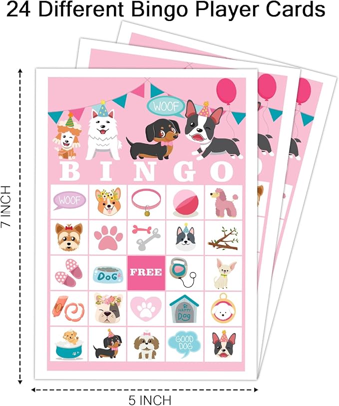 Puppy Dog Party Bingo Game Cards(24 Players), Animal Themed Bingo Card for Family Friend Adult, Large Group Holiday Doggie Party Activity Favor Decoration Supplies -004