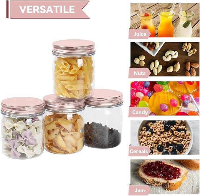novelinks 8 oz Clear Plastic Jars with Screw-On Lids - BPA-Free Refillable Storage Containers for Slime, Spices, Crafts, Kitchen & Home Organization (48 Pack,Rose Gold)