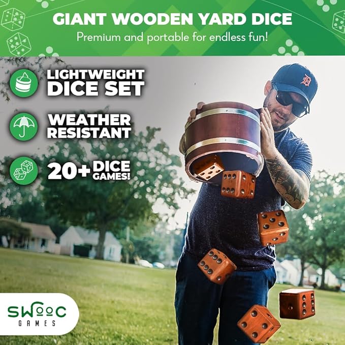 SWOOC Games - Yardzee, Farkle, & 20+ Giant Dice Games (All Weather) with Wood Bucket, 5 Scorecards, & Marker - Yard Dice Outdoor Game for Family - Giant Backyard Game Set - Outside Jumbo Lawn Fun