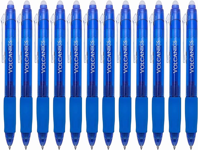 Volcanics Retractable Clicker Erasable Gel Pens - 0.7mm Ball Point, Heat Erase with Built-in Eraser, 12 Pack Blue
