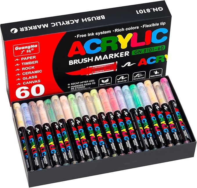 Acrylic Paint Markers Pens, 60 Vivid Colors Acrylic Markers Set,Direct Liquid Type, Stackable Color, Odorless Soft Head，Markers for School，Tooli Art ，Fabric & Creative Crafts (60)