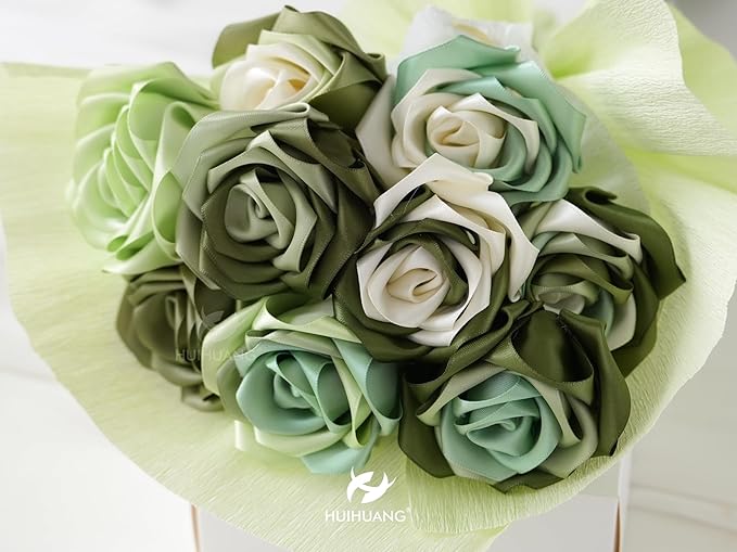 HUIHUANG Green Satin Ribbon 1-1/2 inch x 100 Yards Moss Green Double-Faced Satin Ribbon for Flower Bouquet, Gift Wrapping, Eternal Roses, DIY Crafts, Bridal Shower Wedding Decor
