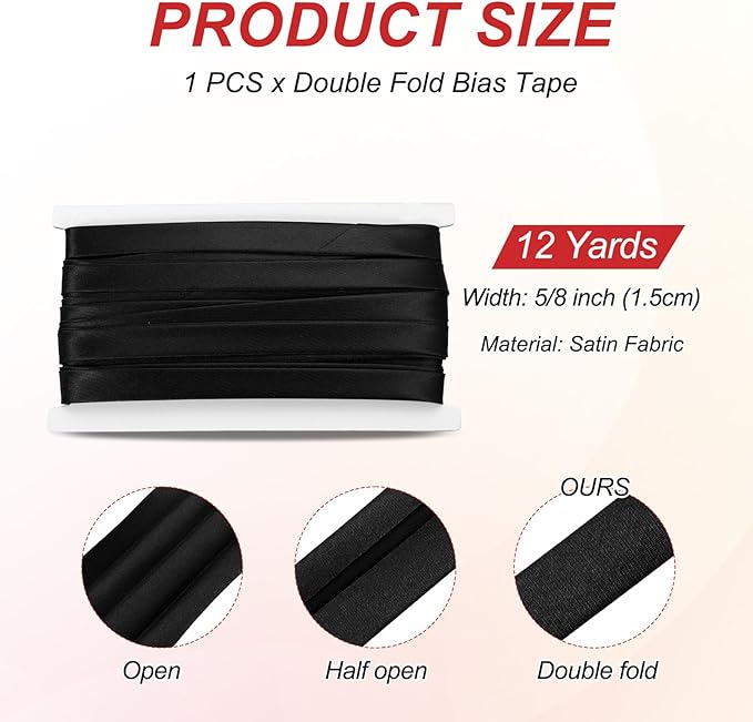MECCANIXITY Double Fold Bias Tape for Sewing 5/8 Inch x 12 Yards Satin Pre-fold Continuous Binding Tape for Seaming Quilting Hemming Binding DIY Crafts, Black