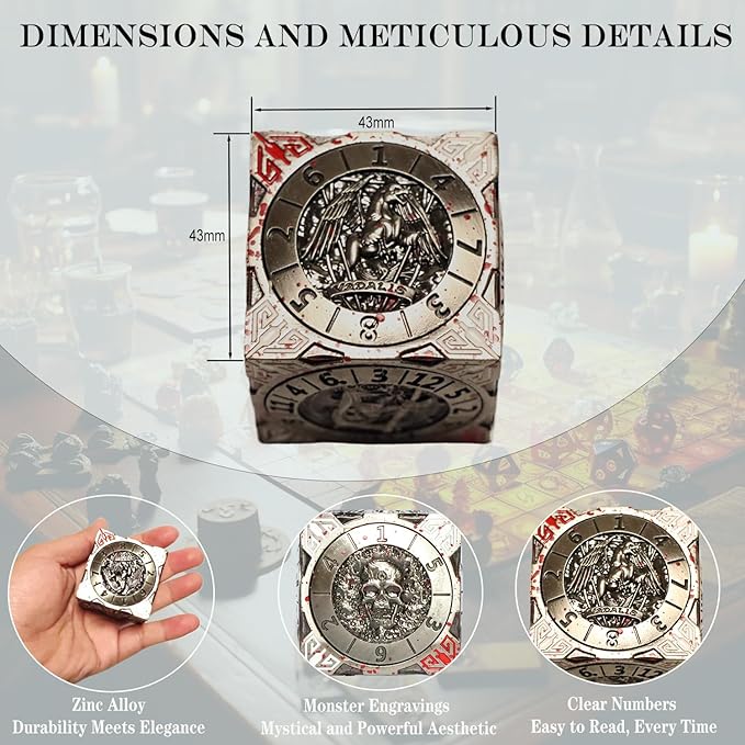 6 Sided Spinner DND Dice - Metal D4 D6 D8 D10 D10% D12 D20 All in One D&D Set - Cool Role Playing Gifts for Dungeons and Dragons TRPG MTG Games Lover Players (6 Sided-Bloodstained)