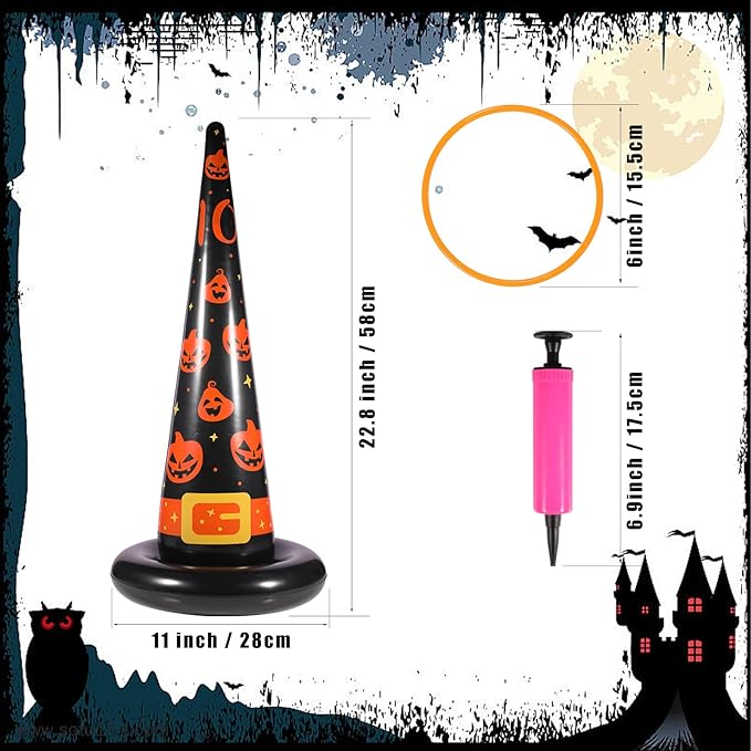 Halloween Ring Toss Game Set, 5Pcs Inflatable Witch Hats with 10Pcs Colorful Plastic Rings and Air Pump for Halloween Party Games Super Fun Indoor Outdoor Party Supplies