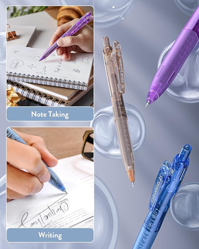 Four Candies 12Pack 0.5mm Black Ink Quick Dry Retractable Gel Pen Set, Cute Transparent Pastel Fine Point Note Taking Aesthetic lnk Pens, Comfort Grip Drawing Writing School Office Home (Black)