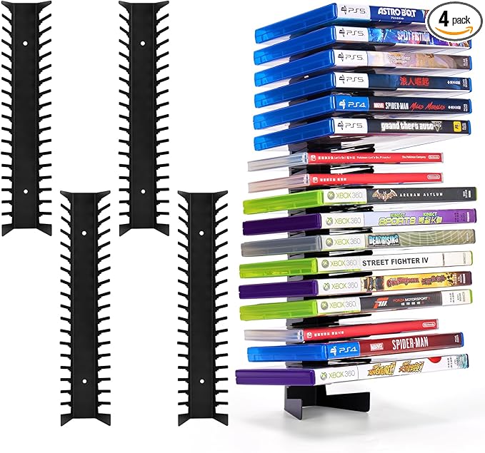 4 Pack Video Game Case Storage Wall Mount - Holds Up to 72 Disc Boxes,Metal Wall Mounted Game Case Holder for PS,DVD,Xbox Game Organizer