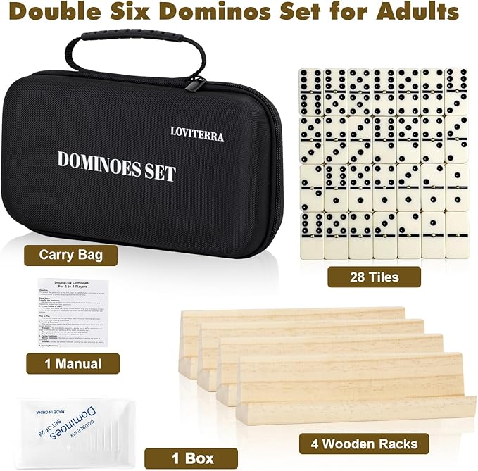 Double 6 Dominos Set for Adults, Durable 28 Tiles Dominos with 4 Wooden Racks and Carrying Case,Classic Board Games,Portable Travel Game