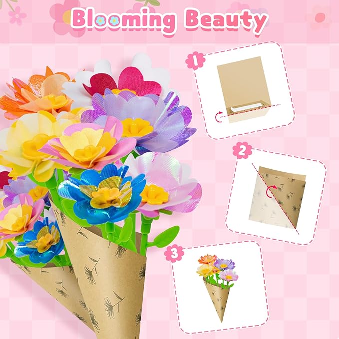 Deesry Fabric Flower Bouquets Toys, Storable Flower Making Kit for Kids, DIY Arts and Crafts for Kid, DIY Creative Flowers Craft Kits Toys for Kids, Birthday Gifts for 3 4 5 6 7 8 Year Old Girls