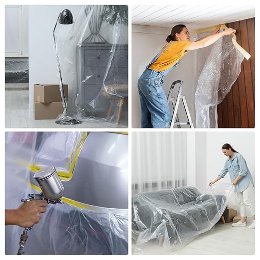 HARFINGTON Pre-Taped Masking Film 177.2" x32.8ft Double Adhesive Tape and Drape Painters Plastic Drop Cloth Film with Tape Plastic Sheeting for Automotive Painting Covering