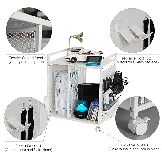 PLKOW Video Game Storage Rack, Game Storage Organizer for Consoles, Controllers, Headphones PS5 PS4 Xbox Switch Nintendo Accessories, Rolling PS5 Console Stand, Perfect Holiday Present, White