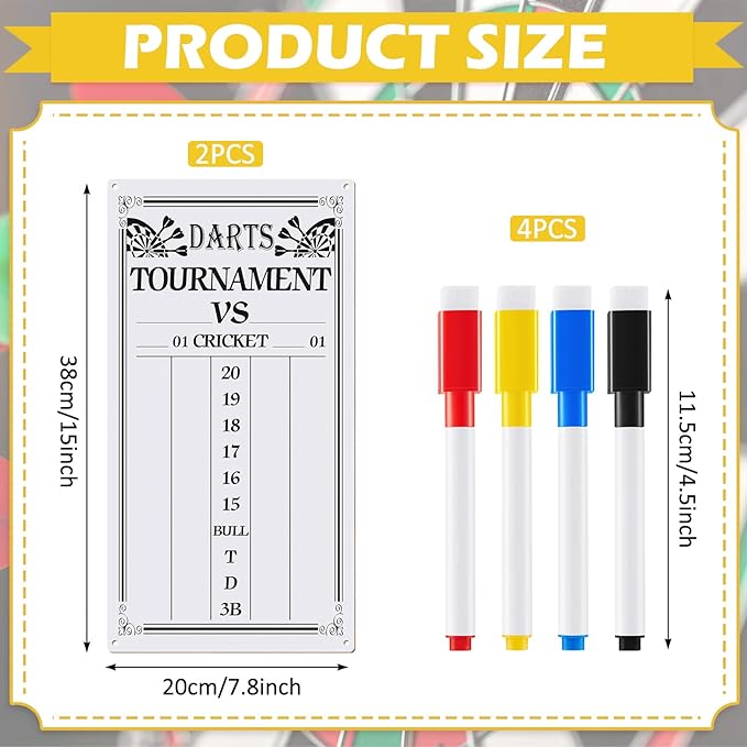 Juexica 2 Pieces Dart Scoreboard Dry Erase Scoreboard Dart Score Keeper Dart Accessories with 4 Dry Erase Markers for Cricket and 01 Dart Games, 15 x 7.8 Inches