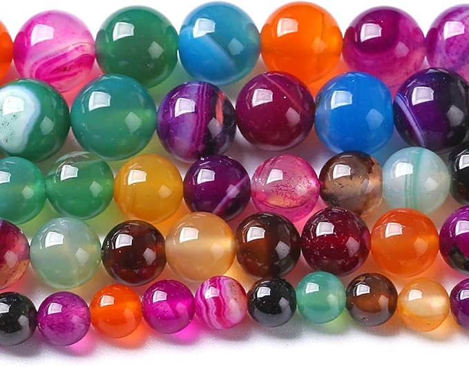 8MM Natural Stone Colorful Stripe Agate Energy Healing Beads Round Loose Beads for Jewelry Making Bracelet 90pcs 2 Strands 32"