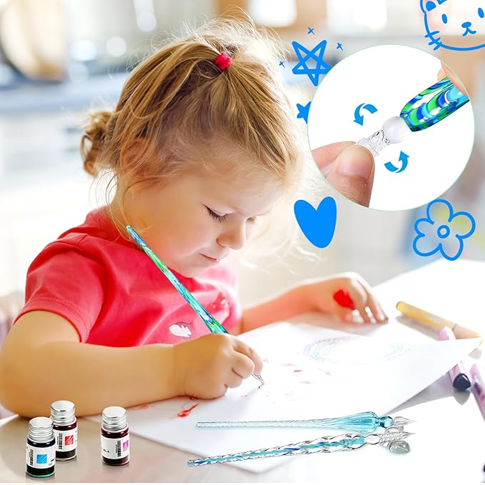 Zonon Glass Dipped Pen Ink Set 14 Pcs Include 6 Pcs Glass Dip Pen, 6 Colorful India Ink and 2 Holder Crystal Signature Calligraphy for Art, Writing, Signatures, Gift(Blue Color System)