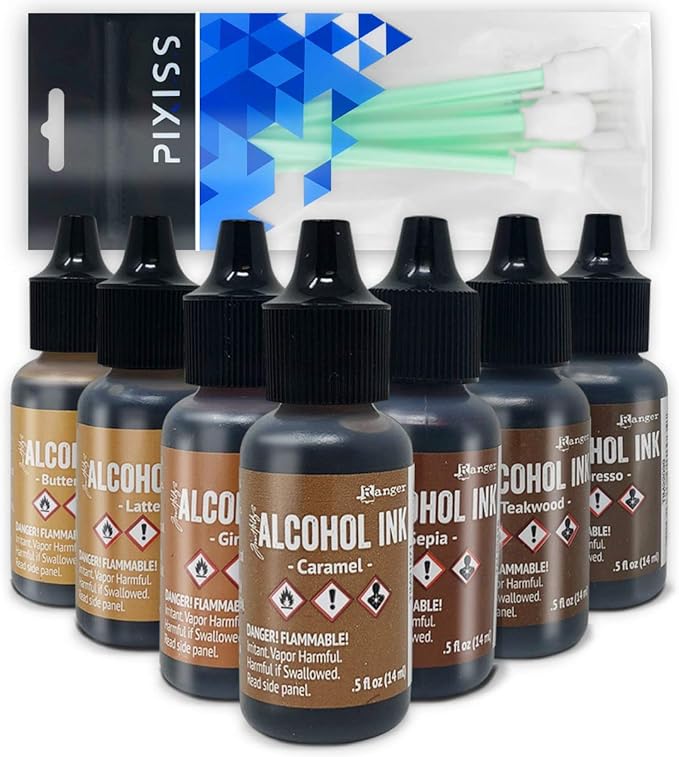 Brown Alcohol Inks Set | Tim Holtz Alcohol Inks Shades of Brown 7-Pack | Teakwood, Espresso, Latte, Ginger, Caramel, Sepia, Butterscotch | 10 Pixiss Alcohol Ink Blending Tools