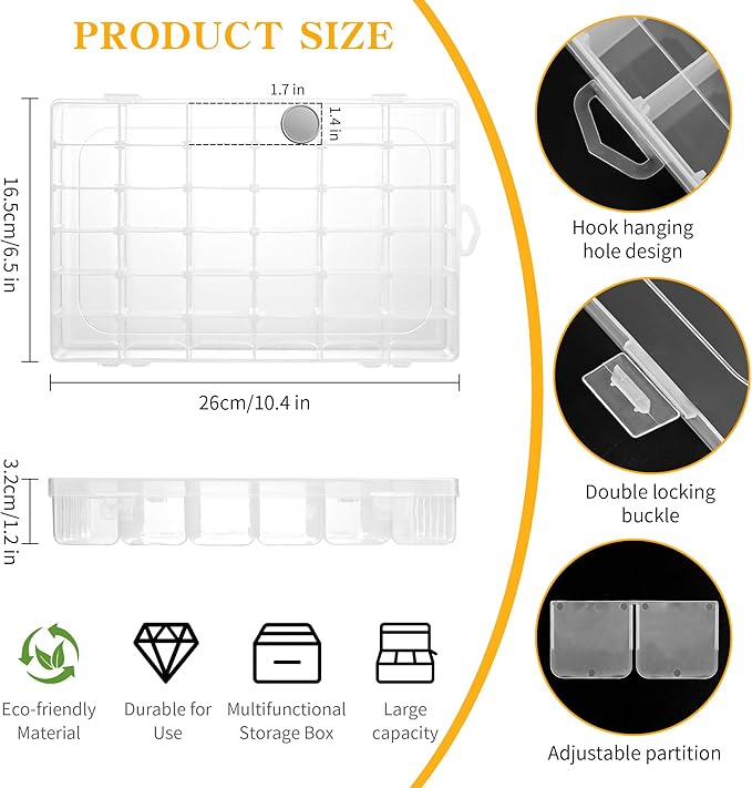 Plastic Organizer Container Box,36 Large Grids Clear Plastic Organizer Boxes with Adjustable Dividers Craft Organizers Box for Bead,Jewelry,DIY Crafts,Art,Small Items Storage (Clear-2pack-72 Grids)