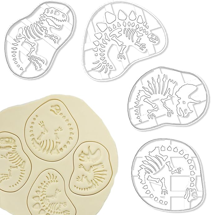 4 Pcs Dinosaur Cookie Cutters Dinosaur Skeleton Fossil Cookie Cutters Stegosaurus T-Rex Tanystropheus Triceratops Bone Fossil Mold for Stamp Baking Dinosaur Biscuits Enthusiasts