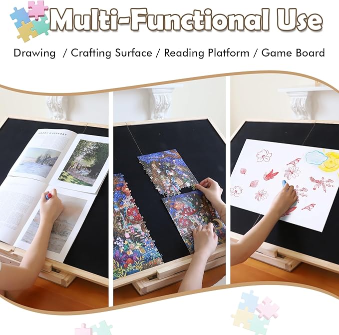 Foldable Puzzle Board, 2-in-1 Tilting & Rotating Wooden Jigsaw Puzzle Table 1500 Pieces with 4 Non-woven Drawers, 36"×26" Portable Puzzle Board with Upgraded Lazy Susan for Adults & Kids, Gift for Mum