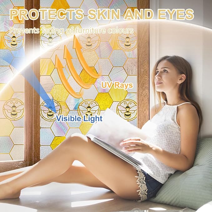 3D Stained Glass Window Privacy Film, Heat Control UV Blocking Static Cling Decorative Window Film for Bathroom,Front Door,Home Non Adhesive,35.4 x 78.7 inches Honey