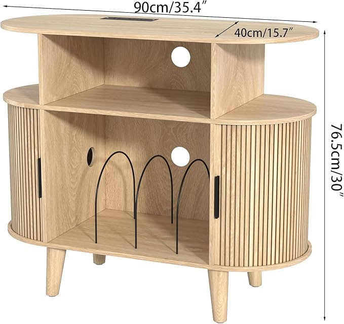 Large Round Record Player Stand with Charging Station & USB Ports，Record Storage Cabinet, Mid Century Modern Turntable Stand for Bedroom Living Room (Small Oak)