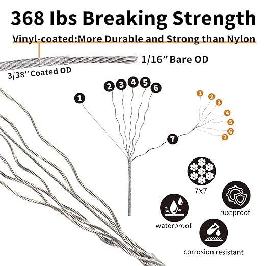 1/16" Wire Rope Kit,30M/100FT Vinyl Coated 304 Stainless Steel Cable,String Light Hanging Kit with Turnbuckle for Outdoor,Garden Wire(55 Pack)
