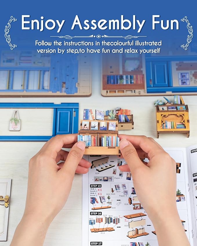 Cutefun Book Nook Kit - DIY Miniature Dollhouse Kit 3D Creative Decorative Bookend 3D Wooden Puzzle for Adults, Bookshelf Insert Library Decor with LED Light (Literature Bookstore)