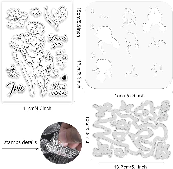 ORIGACH Iris Layering Stencil Stamp and Die Set for Card Making, Flower Stencil Template Silicone Clear Stamps and Metal Die Sets for DIY Scrapbooking Photo Album Crafting